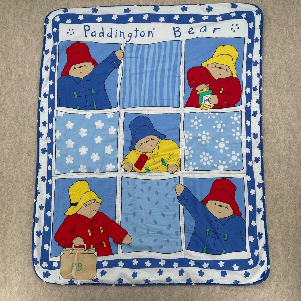 Vintage Paddington Bear Baby Quilt Blanket Blue White Floral Nursery 32x41